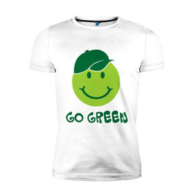Мужская футболка премиум с принтом Грин смайл в Санкт-Петербурге, 92% хлопок, 8% лайкра | приталенный силуэт, круглый вырез ворота, длина до линии бедра, короткий рукав | eco | go green | green | зеленые технологии | зелень | планета | смайл | смайлик | чистота | эко | экология
