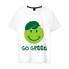 Мужская футболка хлопок с принтом Грин смайл в Санкт-Петербурге, 100% хлопок | прямой крой, круглый вырез горловины, длина до линии бедер, слегка спущенное плечо. | eco | go green | green | зеленые технологии | зелень | планета | смайл | смайлик | чистота | эко | экология