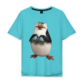 Мужская футболка хлопок Oversize с принтом Пингвин с биноклем в Санкт-Петербурге, 100% хлопок | свободный крой, круглый ворот, “спинка” длиннее передней части | пингвин