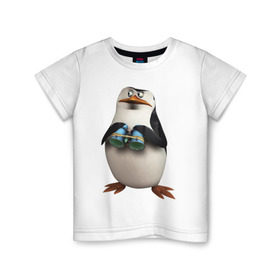 Детская футболка хлопок с принтом Пингвин с биноклем в Санкт-Петербурге, 100% хлопок | круглый вырез горловины, полуприлегающий силуэт, длина до линии бедер | пингвин