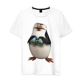 Мужская футболка хлопок с принтом Пингвин с биноклем в Санкт-Петербурге, 100% хлопок | прямой крой, круглый вырез горловины, длина до линии бедер, слегка спущенное плечо. | Тематика изображения на принте: пингвин