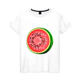 Женская футболка хлопок с принтом Половина арбуза в Санкт-Петербурге, 100% хлопок | прямой крой, круглый вырез горловины, длина до линии бедер, слегка спущенное плечо | арбуз | вкусное | девушкам | фрукты | фрукты и ягоды
