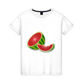 Женская футболка хлопок с принтом арбузик в Санкт-Петербурге, 100% хлопок | прямой крой, круглый вырез горловины, длина до линии бедер, слегка спущенное плечо | Тематика изображения на принте: арбуз | арбузная долька | вкусное | девушкам | фрукты | фрукты и ягоды