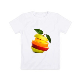 Детская футболка хлопок с принтом мега яблоко в Санкт-Петербурге, 100% хлопок | круглый вырез горловины, полуприлегающий силуэт, длина до линии бедер | апельсин | брызги | вода | лимон | фрукты | яблоко