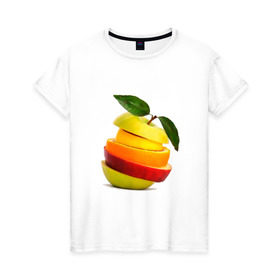 Женская футболка хлопок с принтом мега яблоко в Санкт-Петербурге, 100% хлопок | прямой крой, круглый вырез горловины, длина до линии бедер, слегка спущенное плечо | апельсин | брызги | вода | лимон | фрукты | яблоко