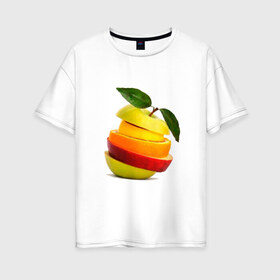 Женская футболка хлопок Oversize с принтом мега яблоко в Санкт-Петербурге, 100% хлопок | свободный крой, круглый ворот, спущенный рукав, длина до линии бедер
 | апельсин | брызги | вода | лимон | фрукты | яблоко