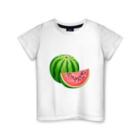 Детская футболка хлопок с принтом Арбуз и долька в Санкт-Петербурге, 100% хлопок | круглый вырез горловины, полуприлегающий силуэт, длина до линии бедер | арбуз | вкусное | девушкам | долька | фрукты | фрукты и ягоды