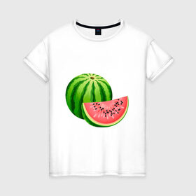 Женская футболка хлопок с принтом Арбуз и долька в Санкт-Петербурге, 100% хлопок | прямой крой, круглый вырез горловины, длина до линии бедер, слегка спущенное плечо | арбуз | вкусное | девушкам | долька | фрукты | фрукты и ягоды