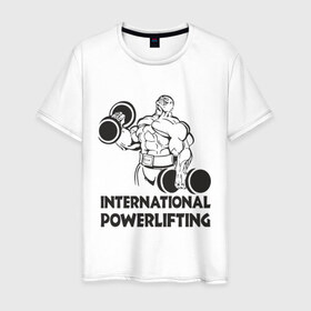 Мужская футболка хлопок с принтом International Powerlifting в Санкт-Петербурге, 100% хлопок | прямой крой, круглый вырез горловины, длина до линии бедер, слегка спущенное плечо. | Тематика изображения на принте: 