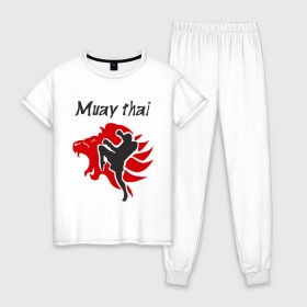 Женская пижама хлопок с принтом Muay thai в Санкт-Петербурге, 100% хлопок | брюки и футболка прямого кроя, без карманов, на брюках мягкая резинка на поясе и по низу штанин | муай тай