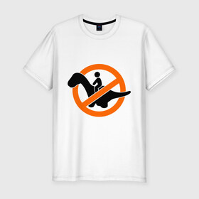 Мужская футболка премиум с принтом Why not? в Санкт-Петербурге, 92% хлопок, 8% лайкра | приталенный силуэт, круглый вырез ворота, длина до линии бедра, короткий рукав | верхом на динозавре | динозавр | дорожное движение | дорожные знаки | запрет | запрещающий знак | кататься