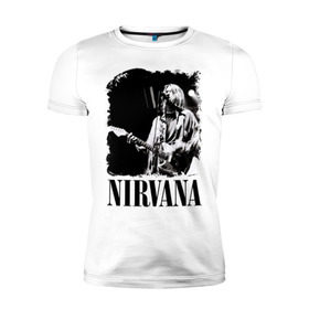 Мужская футболка премиум с принтом nirvana kurt cobain в Санкт-Петербурге, 92% хлопок, 8% лайкра | приталенный силуэт, круглый вырез ворота, длина до линии бедра, короткий рукав | Тематика изображения на принте: kurt cobain | nirvana | nirvana kurt cobain | кумиры | курт кобейн | легенд | нирвана | певцы | портреты