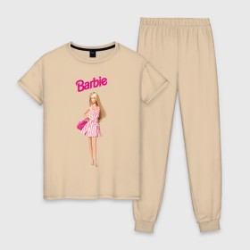Женская пижама хлопок с принтом Барби на прогулке в Санкт-Петербурге, 100% хлопок | брюки и футболка прямого кроя, без карманов, на брюках мягкая резинка на поясе и по низу штанин | 90 | 90 е | barbie | барби | ностальгия