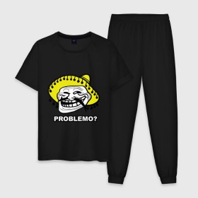 Мужская пижама хлопок с принтом Problemo? в Санкт-Петербурге, 100% хлопок | брюки и футболка прямого кроя, без карманов, на брюках мягкая резинка на поясе и по низу штанин
 | mem | problemo | trollface | интернет приколы | мем | мемы интернета | проблемо | проблемы | троллфейс | троль
