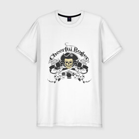 Мужская футболка премиум с принтом Cheerful Roger в Санкт-Петербурге, 92% хлопок, 8% лайкра | приталенный силуэт, круглый вырез ворота, длина до линии бедра, короткий рукав | cheerful roger | веселый роджер | пиратская метка | пиратский череп | череп