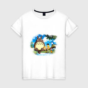 Женская футболка хлопок с принтом Тоторо и его друзья в Санкт-Петербурге, 100% хлопок | прямой крой, круглый вырез горловины, длина до линии бедер, слегка спущенное плечо | anime | totoro | аниме | анимэ. мой сосед тоторо | тоторо