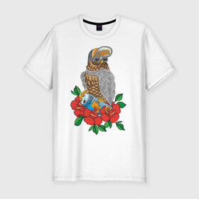 Мужская футболка премиум с принтом Сова в кепке в Санкт-Петербурге, 92% хлопок, 8% лайкра | приталенный силуэт, круглый вырез ворота, длина до линии бедра, короткий рукав | Тематика изображения на принте: сова