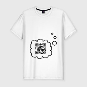 Мужская футболка премиум с принтом Привет, мир! в Санкт-Петербурге, 92% хлопок, 8% лайкра | приталенный силуэт, круглый вырез ворота, длина до линии бедра, короткий рукав | qr код | интернет | надпись | послание | технологии | шифр