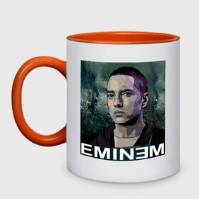Кружка двухцветная с принтом постер Eminem в Санкт-Петербурге, керамика | объем — 330 мл, диаметр — 80 мм. Цветная ручка и кайма сверху, в некоторых цветах — вся внутренняя часть | eminm | slim shady | еминем | реп | репчик | рэп