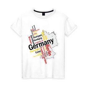 Женская футболка хлопок с принтом Германия (крупные города) в Санкт-Петербурге, 100% хлопок | прямой крой, круглый вырез горловины, длина до линии бедер, слегка спущенное плечо | Тематика изображения на принте: germany | германия | город | города | для туристов | туристические