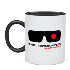 Кружка двухцветная с принтом The Terminator в Санкт-Петербурге, керамика | объем — 330 мл, диаметр — 80 мм. Цветная ручка и кайма сверху, в некоторых цветах — вся внутренняя часть | terminator | очки терминатор | терминатор | шварценеггер | шварцнеггер