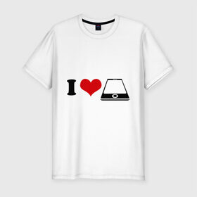 Мужская футболка премиум с принтом Я люблю iphone в Санкт-Петербурге, 92% хлопок, 8% лайкра | приталенный силуэт, круглый вырез ворота, длина до линии бедра, короткий рукав | 