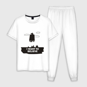 Мужская пижама хлопок с принтом I WANT TO BELIEVE в Санкт-Петербурге, 100% хлопок | брюки и футболка прямого кроя, без карманов, на брюках мягкая резинка на поясе и по низу штанин
 | 