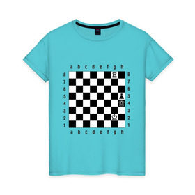 Женская футболка хлопок с принтом Шахматная комбинация 1 в Санкт-Петербурге, 100% хлопок | прямой крой, круглый вырез горловины, длина до линии бедер, слегка спущенное плечо | Тематика изображения на принте: комбинация | шахматист | шахматная доска | шахматы