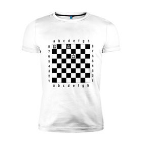 Мужская футболка премиум с принтом Комбинация Шах в Санкт-Петербурге, 92% хлопок, 8% лайкра | приталенный силуэт, круглый вырез ворота, длина до линии бедра, короткий рукав | Тематика изображения на принте: checkmate | мат | шах | шах и мат | шахматист | шахматная доска | шахматы