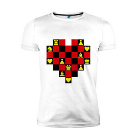 Мужская футболка премиум с принтом Шахматное сердце в Санкт-Петербурге, 92% хлопок, 8% лайкра | приталенный силуэт, круглый вырез ворота, длина до линии бедра, короткий рукав | chess | i love chess | сердце | шахматы | я люблю шахматы