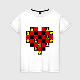 Женская футболка хлопок с принтом Шахматное сердце в Санкт-Петербурге, 100% хлопок | прямой крой, круглый вырез горловины, длина до линии бедер, слегка спущенное плечо | Тематика изображения на принте: chess | i love chess | сердце | шахматы | я люблю шахматы