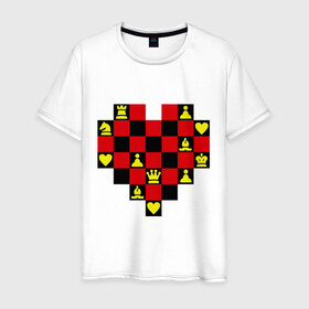 Мужская футболка хлопок с принтом Шахматное сердце в Санкт-Петербурге, 100% хлопок | прямой крой, круглый вырез горловины, длина до линии бедер, слегка спущенное плечо. | Тематика изображения на принте: chess | i love chess | сердце | шахматы | я люблю шахматы