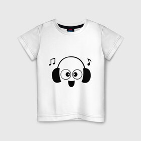 Детская футболка хлопок с принтом Смайл в наушниках в Санкт-Петербурге, 100% хлопок | круглый вырез горловины, полуприлегающий силуэт, длина до линии бедер | Тематика изображения на принте: музыка | наушники | смайл | смайлик | смайлик в наушниках | смайлы