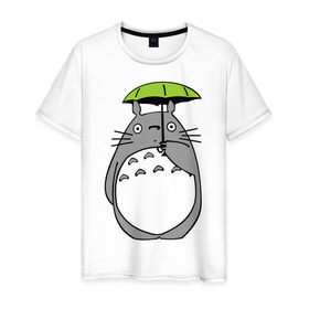 Мужская футболка хлопок с принтом totoro с зонтом в Санкт-Петербурге, 100% хлопок | прямой крой, круглый вырез горловины, длина до линии бедер, слегка спущенное плечо. | anime | totoro | аниме | кот totoro | тоторо