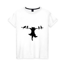 Женская футболка хлопок с принтом Котенок и птички в Санкт-Петербурге, 100% хлопок | прямой крой, круглый вырез горловины, длина до линии бедер, слегка спущенное плечо | 