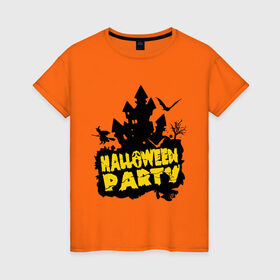 Женская футболка хлопок с принтом Halloween party-замок в Санкт-Петербурге, 100% хлопок | прямой крой, круглый вырез горловины, длина до линии бедер, слегка спущенное плечо | Тематика изображения на принте: halloween | halloween party замок | party | замок | праздники | хэллоуин