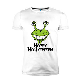 Мужская футболка премиум с принтом Happy Halloween -монстрик в Санкт-Петербурге, 92% хлопок, 8% лайкра | приталенный силуэт, круглый вырез ворота, длина до линии бедра, короткий рукав | hallowen | helloveen | день всех святых | хэллоуин | хэлоуин