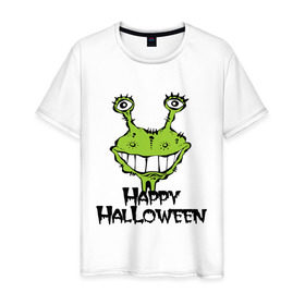 Мужская футболка хлопок с принтом Happy Halloween -монстрик в Санкт-Петербурге, 100% хлопок | прямой крой, круглый вырез горловины, длина до линии бедер, слегка спущенное плечо. | hallowen | helloveen | день всех святых | хэллоуин | хэлоуин