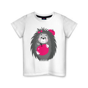 Детская футболка хлопок с принтом Ёжик держит яблоко в Санкт-Петербурге, 100% хлопок | круглый вырез горловины, полуприлегающий силуэт, длина до линии бедер | ежик | животные | милые создания