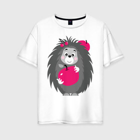 Женская футболка хлопок Oversize с принтом Ёжик держит яблоко в Санкт-Петербурге, 100% хлопок | свободный крой, круглый ворот, спущенный рукав, длина до линии бедер
 | ежик | животные | милые создания