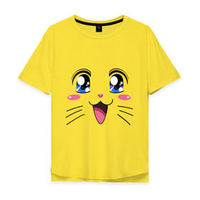 Мужская футболка хлопок Oversize с принтом Японская кошечка в Санкт-Петербурге, 100% хлопок | свободный крой, круглый ворот, “спинка” длиннее передней части | Тематика изображения на принте: аниме | глаза | глазки | девушкам | киса | кот | коте | котенок | кошечка | кошка | милые создания | мордочка | японская кошечка