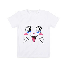 Детская футболка хлопок с принтом Японская кошечка в Санкт-Петербурге, 100% хлопок | круглый вырез горловины, полуприлегающий силуэт, длина до линии бедер | аниме | глаза | глазки | девушкам | киса | кот | коте | котенок | кошечка | кошка | милые создания | мордочка | японская кошечка
