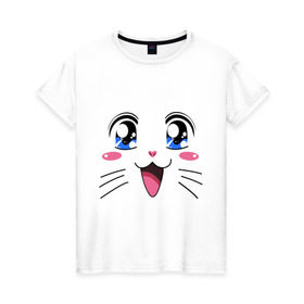Женская футболка хлопок с принтом Японская кошечка в Санкт-Петербурге, 100% хлопок | прямой крой, круглый вырез горловины, длина до линии бедер, слегка спущенное плечо | аниме | глаза | глазки | девушкам | киса | кот | коте | котенок | кошечка | кошка | милые создания | мордочка | японская кошечка