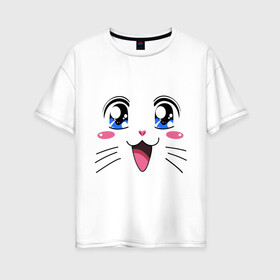 Женская футболка хлопок Oversize с принтом Японская кошечка в Санкт-Петербурге, 100% хлопок | свободный крой, круглый ворот, спущенный рукав, длина до линии бедер
 | аниме | глаза | глазки | девушкам | киса | кот | коте | котенок | кошечка | кошка | милые создания | мордочка | японская кошечка
