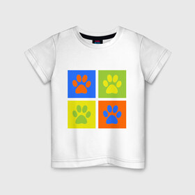 Детская футболка хлопок с принтом Цветные следы в Санкт-Петербурге, 100% хлопок | круглый вырез горловины, полуприлегающий силуэт, длина до линии бедер | животные | картинки | лапки | следы
