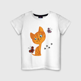 Детская футболка хлопок с принтом Котенок с бабочками в Санкт-Петербурге, 100% хлопок | круглый вырез горловины, полуприлегающий силуэт, длина до линии бедер | для девушек | котенок | котенок с бабочкой | кошки