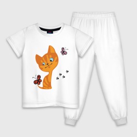 Детская пижама хлопок с принтом Котенок с бабочками в Санкт-Петербурге, 100% хлопок |  брюки и футболка прямого кроя, без карманов, на брюках мягкая резинка на поясе и по низу штанин
 | для девушек | котенок | котенок с бабочкой | кошки