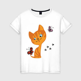 Женская футболка хлопок с принтом Котенок с бабочками в Санкт-Петербурге, 100% хлопок | прямой крой, круглый вырез горловины, длина до линии бедер, слегка спущенное плечо | для девушек | котенок | котенок с бабочкой | кошки