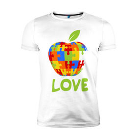 Мужская футболка премиум с принтом Apple пазл в Санкт-Петербурге, 92% хлопок, 8% лайкра | приталенный силуэт, круглый вырез ворота, длина до линии бедра, короткий рукав | apple | love apple | люблю эппл | паззлы | яблоко