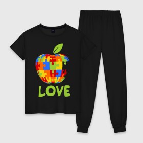 Женская пижама хлопок с принтом Apple пазл в Санкт-Петербурге, 100% хлопок | брюки и футболка прямого кроя, без карманов, на брюках мягкая резинка на поясе и по низу штанин | apple | love apple | люблю эппл | паззлы | яблоко